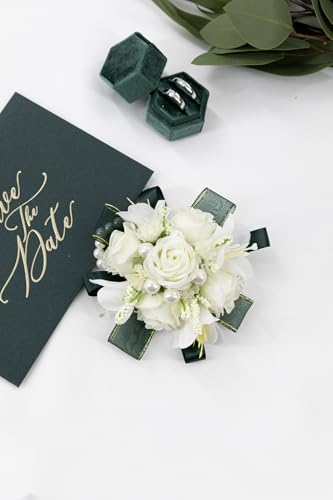 White Rose Corsage and Boutonniere Set, Prom Flower Wrist Corsage Wristlet Band Bracelet, Boutonniere for Men Dark Green Wedding Flowers Accessories Prom Suit Decorations - color: White & Dark Green