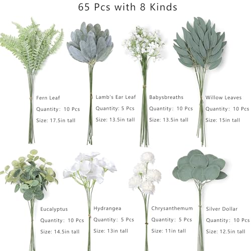 FOTEEWL 65 Pcs Artificial Greenery Stems Box Set,with 8 Kinds of Faux Plants and Fake Flowers for DIY Bridal Bouquets Wedding Floral Arrangement Table Centerpieces Decoration (Dusty Green & White) - color: Dusty Green & White