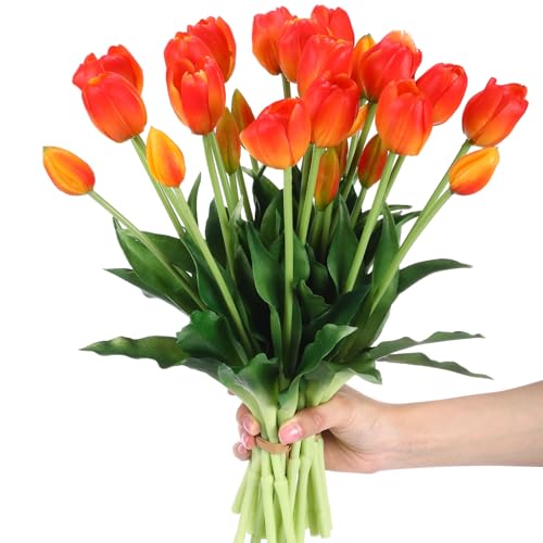 Riceshoot 30 Pcs Artificial Tulips Flowers 6 Bunches Faux Tulips Bouquets Arrangements Realistic Flowers for Office Wedding Party Kitchen Decoration(Sunset Color) - color: Sunset Color