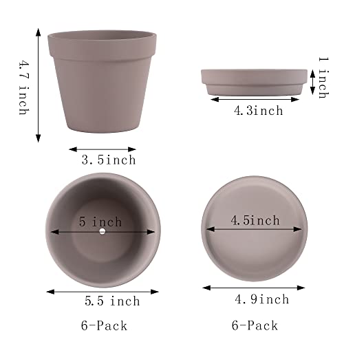 Terra Cotta Pots with Saucer- 6-Pack Large Terracotta Pot Clay Pots 5.5'' Clay Ceramic Pottery Planter Cactus Flower Pots Succulent Pot with Drainage Hole- for Plants,Crafts terra cotta planter(Grey) - color: Gray