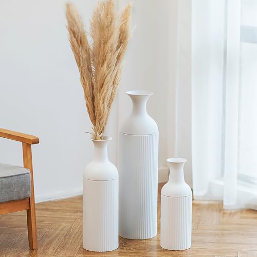 Sziqiqi White Tall Floor Vase: Large Ribbed Metal Vases 27/20/16in for Living Room, Modern for Pampas Grass, Oversized Standing Vase for Fireplace, Home Corner, Hallway, Office - color: White