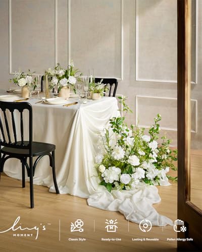 Ling's moment 36" Free-Standing Wedding Aisle Artificial Flowers for Ceremony Decor, 2PCS White Walkway Floral Chair Markers, Faux Rose Altar Arch Arrangement Spring Decorations Outdoor - color: Wht-white & Lily & Olive