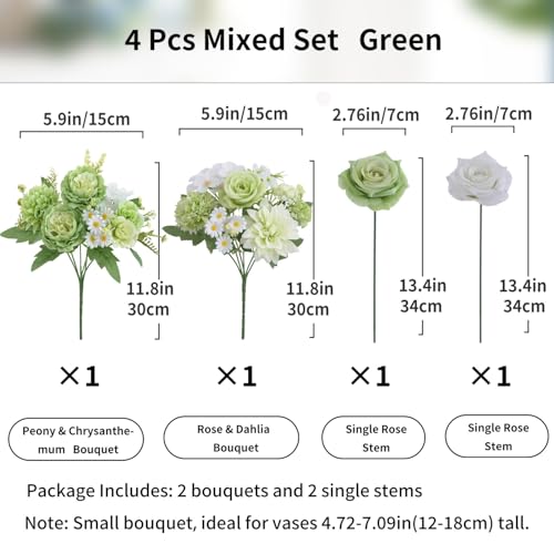 4 Pcs Mixed Artificial Flowers Set, Small Artificial Peony Bouquet Fake Rose Flower Silk Floral Arrangements for Table Centerpiece Home Wedding Party Bridal Decoration(Green, 2 Bouquets & 2 Stems) - color: Green, size: Mixed 4pcs