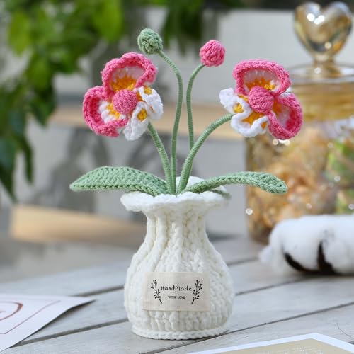 Orchid Crochet Flower Pot Deep Rose Handmade Knitted Phalaenopsis Desk Decor for Home Office - color: Deep Rose Phalaenopsis