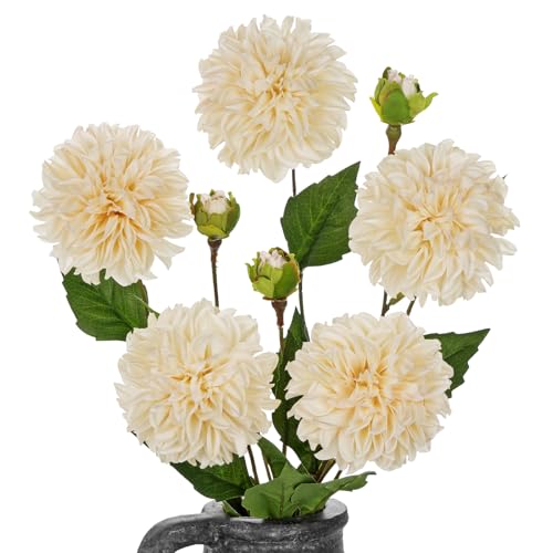 Hollyone Cream White Dahlia Artificial Flowers 5Pcs Fake Dahlia Flowers for Decoration Silk Flower with Long Stem 17" Floral Arrangements Bouquets Indoors Outdoors Faux Dahlias Centerpieces Home Decor - color: Cream