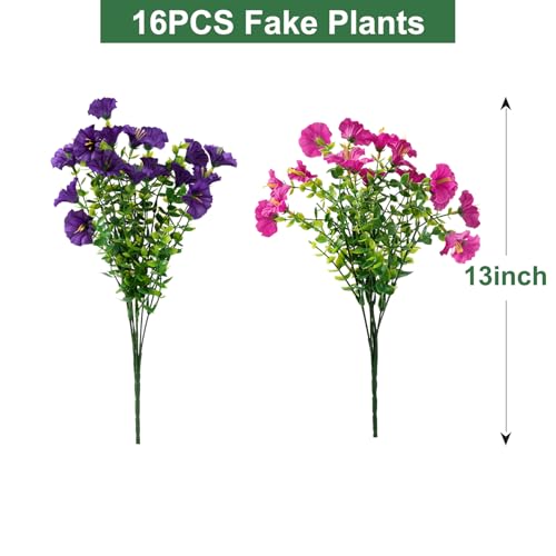 Artificial Flowers for Outdoors, UV Resistant Fake Silk Morning Glory, Realistic Faux Plants for Outside Porch Patio Window Box Hanging Planter (16, Purple Fuchsia) - color: Purple Fuchsia