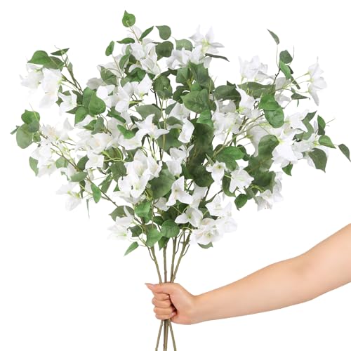 4PCS White Bougainvillea Artificial 37.4" Silk Faux Bougainvillea Flowers Fake Bougainvillea Branches for Wedding Home Garden Table Centerpieces Decor(White) - color: White