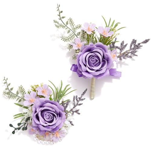 Serwalin Purple Corsage and Boutonniere Set, Artificial Silk Rose Wrist Corsage Wristlet and Boutonniere Set for Prom, Homecoming, Wedding, Anniversary Party Prom Suit Dress Flower Accessories - color: Purple, size: 1 Boutonniere & 1 Wrist Corsage - 2pcs