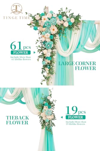 TINGE TIME Wedding Arch Flowers Kit - Deluxe 5pcs Artificial Floral Swag with 3 Sheer Drapes, Realistic Silk Flower Arrangements for Wedding Ceremony Arbor Backdrop Reception Party Home Decor - color: Teal Green & Champagne