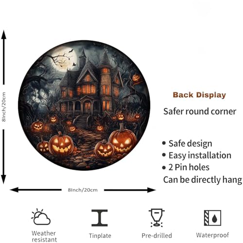 Halloween Metal Sign Halloween Horror Castle Vintage Round Tin Sign for Kitchen Garden Yard Bar Autumn Wreath Home Decor 8x8Inch