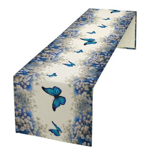 Butterfly Table Runner,Spring Seasonal Garden Theme Blue Flowers Butterflies Table Runner for Home Indoor Outdoor Kitchen Holiday Party Wedding Decor 13x36 Inch - color: Butterfly-2, size: 13x36in