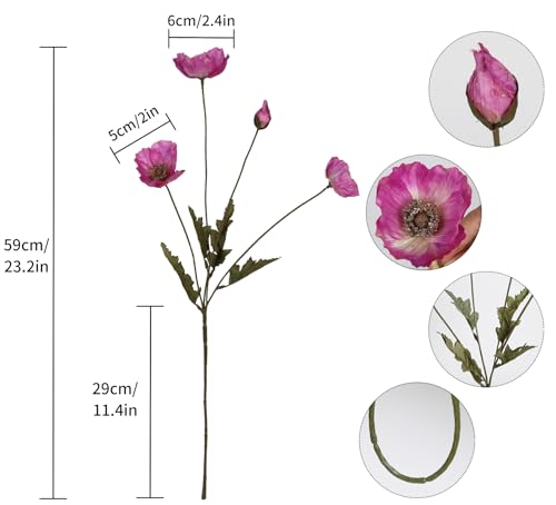 IPOPU Artificial Poppies 6PCS Fuschia Silk Flowers with Stems Hot Pink Poppies Flowers Artificial Realistic Floral Arrangements for Wedding Centerpieces Home Table Party Decor (Fuschia) - color: Fuschia