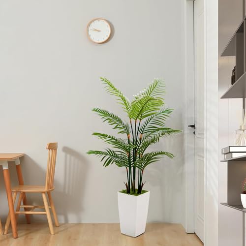 Artificial Plants Indoor - Fake Tree with White Tall Planter - Faux Floor Large Plant in Pot - Evergreen Artificial Silk Trees for Home Office Living Room Decor Indoor (Palm Tree 5FT)