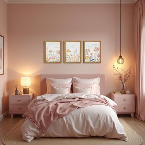 Watercolor Wildflower Wall Art Set of 3, Boho Botanical Flowers Canvas Prints Wall Decor, with Heart Line and romantic song lyrics for couple Gifts and Bedroom Office Home Decor 12x16 In Wood Framed - color: Flower Heart, size: 16L" x 12W"