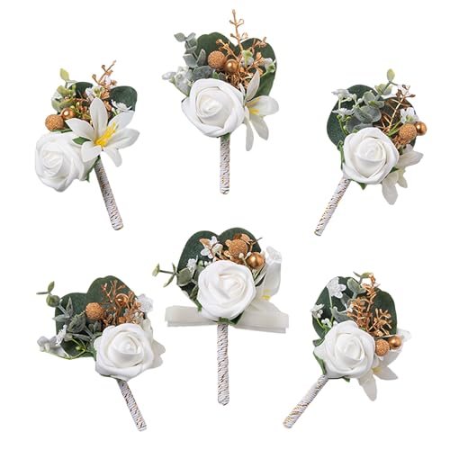 White Faux Foam Rose Men Boutonnieres for Wedding Prom 6Pcs | White Artificial Foam Rose Boutonnieres for Wedding Prom Groom Groomsmen Party Homecoming Graduation Suit Decoration - color: White Style a