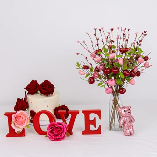 Yawwind 12 PCs Valentine Table Centerpieces 17 Inches Valentines Picks Valentines Day Floral Stems Romantic Heart Flower Picks with Cherry for Gift Vase Table Centerpiece Wedding Indoor Decor