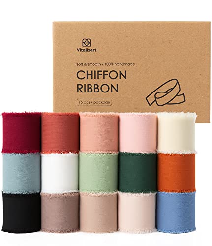 Vitalizart Chiffon Silk Ribbon 1 1/2 Inch x 75 Yd Handmade Frayed Edge Assorted Ribbons for Gift Wrapping Bridal Bouquets Baby Shower Wedding Invitations - color: Mixed Color 15 Rolls (75Yd)