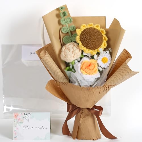 Crochet Flower Bouquet, Handmade Knitted Sunflower Faux Crochet Flower for Home Decor Valentine’s Day Anniversary Weddings Birthdays Mother’s Day, Includes Gift Bag and Greeting Card (Yellow) - color: Yellow