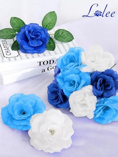 LELEE 108pcs Roses Head Flowers with Stem, Gradient Blue White Artificial Flowers Rose Bulk, Silk Rose Fake Flower for Wedding Bouquet Balls Arrangement Shower Centerpieces Grad Party Tables Decor - color: Gradient Blue&white