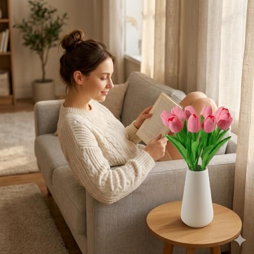 Real-Touch Artificial Tulips with 2 Ceramic Vases, 20 Stems Faux Floral Arrangement Set, Spring Easter Table Centerpiece, Modern Farmhouse Decor - color: Pink & Ivory With 2 Vases