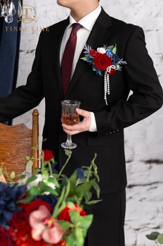 TINGE TIME Boutonniere for Men Wedding,Groom and Best Man Boutonniere for Wedding, Prom, Homecoming, Anniversary, Graduation, Christmas Dinner (1, Red & Navy Blue) - color: Red&navyblue