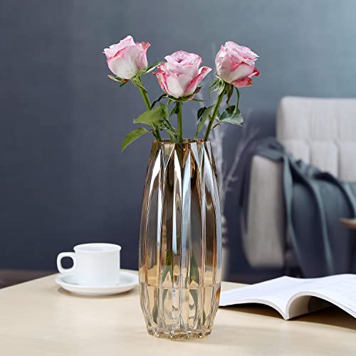 Lucky Bird Amber Glass Vase - Modern Tall/Short Ribbed Vase for Flowers & Candles - Amber H11.8" Centerpiece HomeDecor - color: Amber, size: H-11.8inch
