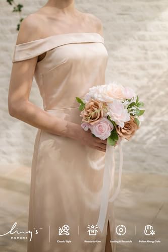 Ling's moment Pink Artificial Wedding Flower Bouquets for Bridesmaids Blush Floral Bouquet Bridal Bouquets for Bridesmaids with Ribbon Ceremony Anniversary,7-inch Diameter - color: Pk-sand Beige