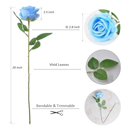 Kenpal Realistic Fake Roses Artificial Flowers with Stem for Decoration Floral Arrangement Centerpieces Wedding Bouquets (10, Sky Blue) - color: Sky Blue