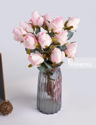 PONKING Rose Artificial Flower Buds 12pcs Realistic Faux Silk Roses Fake Flowers Bouquets Arrangements Decor for Wedding Spring Mother's Day, Home Table Decorations, Light Pink Flower - color: C 12pcs Light Pink Rose