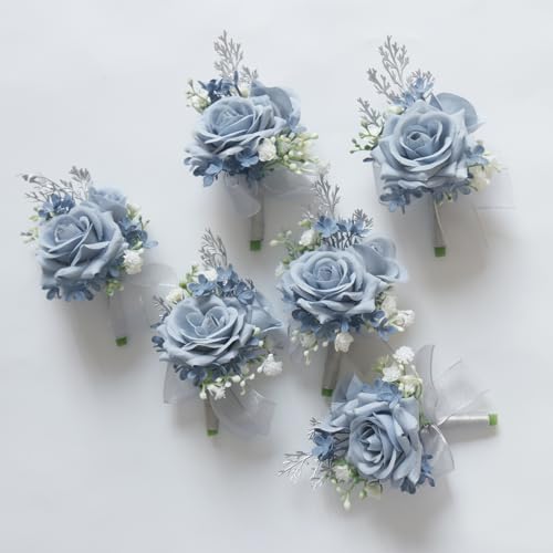MAFELOE 2 Pieces Men Boutonniere Corsage Set, Artificial Rose Flowers Accessories for Wedding Prom Party Ceremony Anniversary Suit Decor- Dusty Blue(X-M11-JM) - color: Dusty Blue