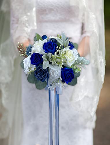 CherishedMoments Bridal Wedding Bouquet, 13.5 Inch Navy Blue Artificial Flowers Bridal Cascading Bouquets,Seaside Beach Wedding Bouquets for Wedding Ceremony and Anniversary - color: Navy Blue