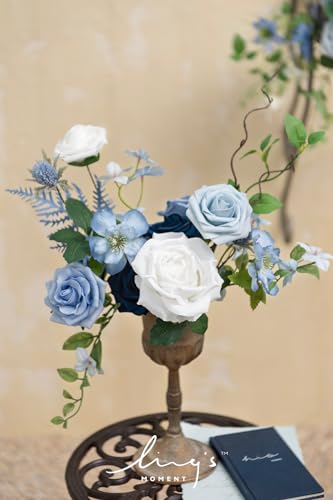 Ling's moment Fake Flowers Box, Artificial Faux Greenery Stems Silk Peony Foam Rose for Wedding Bouquets Centerpieces Table Decorations Backyard Floral Arrangement, Dusty Blue & Ivory, Mini Combo - color: Dusty Blue & Ivory
