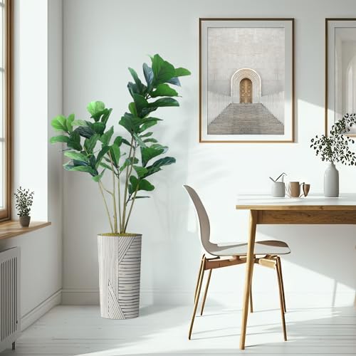 Artificial Tree in Geometric Pattern Planter, Fake Ficus Lyrata Silk Tree for Indoor and Outdoor Home Decoration - 66" Overall Tall (Plant Pot Plus Tree) - style: Ficus Lyrata