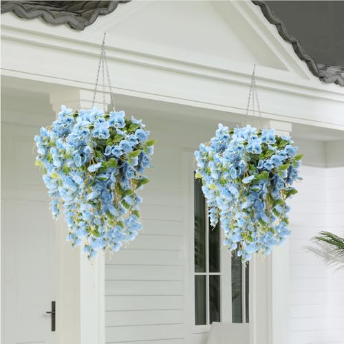 XunYee 8 Pcs Artificial Hibiscus Flowers for Outdoors Spring Summer Decor Fake Hanging Flowers Plants Uv-Resistant Faux Hibiscus Flower for Outside Porch Patio Front Door (Blue) - color: Blue