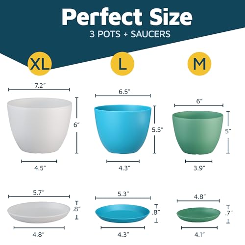 Multicolor Plant Pots with Drainage Holes & Saucers 3 Pack, Indoor & Outdoor Stackable Space-Saving Planters for Houseplants & Flowers, (7", 6.7", and 6" Inches), Durable & Weatherproof Materials - color: Multicolor, size: Pack of 3