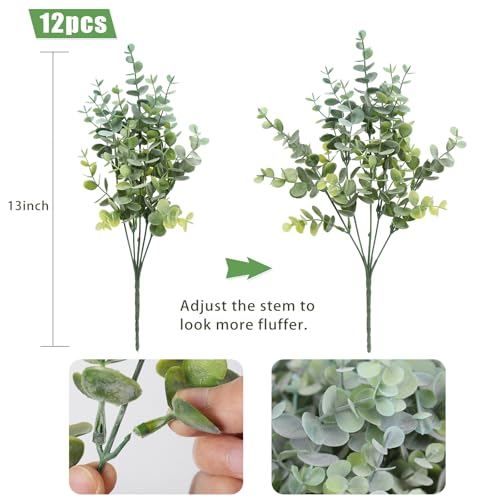 RECUTMS 12 Bundles Artificial Bushes Greenery Plants Stems Faux Shrubs Boxwood Plants Outdoor Fake Eucalyptus for Spring Summer Farmhouse Home Patio Graduation Wedding Party Decor(Dusty Blue) - color: Dusty Blue, size: 12 Pcs