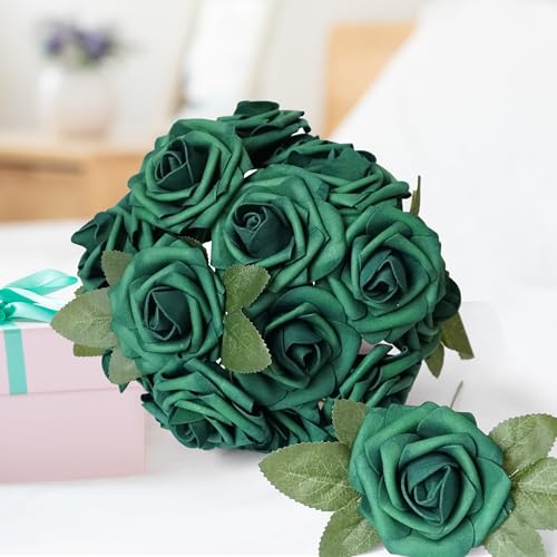 25pcs Dark Green Artificial Flower Foam Rose Real Touch Roses Flower Heads with Stem for DIY Wedding Bouquets Centerpieces Arrangements Party Baby Shower Home Decor (Dark Green) - color: Dark Green