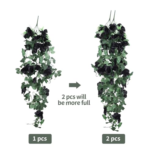 RECUTMS Artificial Black Rose Hanging Flower Plants Decorations, 2 PCS 3.3Ft Fake Floral lvy Garland with 30 LED Fairy String Lights for Indoor Wall Wedding Outdoor Home Garden Gothic Halloween Decor - color: Black, size: 2 pcs light