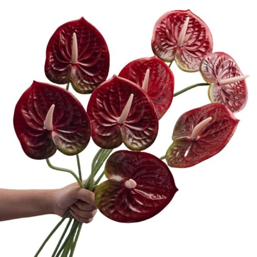 Corkwaw 8 Pcs 23-5/8 inch Artificial Anthurium Flowers Real Touch Fake Flower for Table Centerpieces Arrangement and Bridal Wedding Festival Decor Flower Arrangement (Deep Red) - color: Deep Red