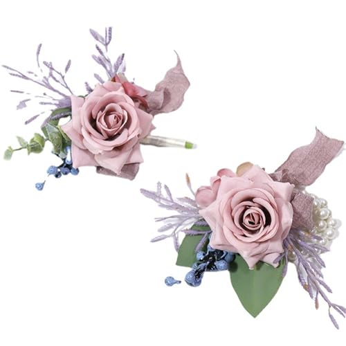 Dusty Pink Corsage and Boutonniere Set for Groom Bride Groomsmen Bridesmaids Wedding Party Prom Artificial Roses Flower Corsage Wristband Boutonniere for Men Wedding Bridal Shower Prom - color: Dusty Pink