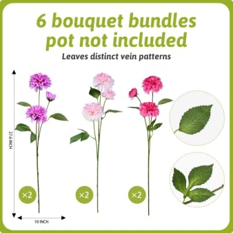 INXUGAO Artificial Flowers for Vase,6 Bunches Fake 27.5“ Long Stems Silk Pompon Dahlia for Indoor Outdoors Home Decor, Front Door Porches Yard Patio Garden Planters - [2 Purple + 2 Rose Red + 2 Pink] - color: Purpleroseredpink