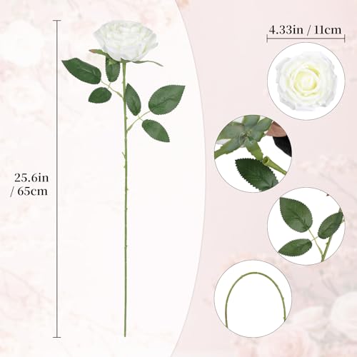 8Pcs White Large Velvet Artificial Roses, Realistic Rose Flowers with Long Stems, 25.6 “ Faux Roses for DIY White Wedding, Party Table Centerpiece, Home Bridal Garden Outdoor Decorations - color: White