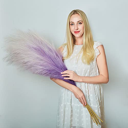 Faux Pampas Grass Decor, 6 Stems Artificial Pampas Grass - 43 inch Tall Pompass Grass Large Pompous Boho Flower Arrangement Home Decor for Room Wedding Party - color: Gradient-purple