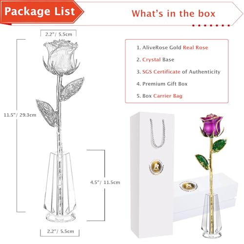 AliveRose Gold Roses, 24K Gold Rose Made from Real Rose - Unique Design 24K Dipped Rose for Anniversary Valentines Mothers Day Birthday Gifts (Purple Original Rose with Crystal Vase) - color: 4. Purple Original Rose With Crystal Vase