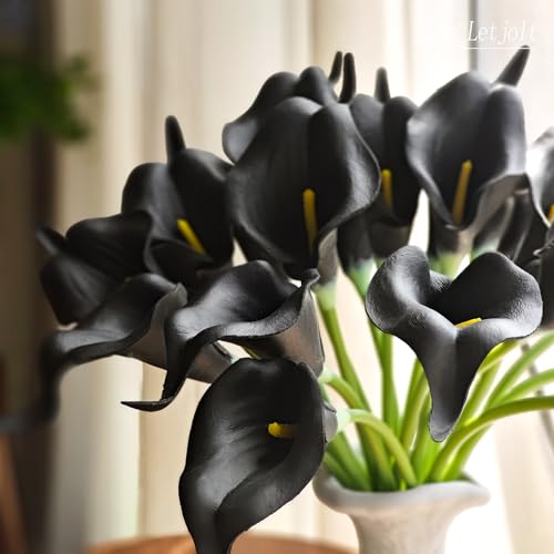 Letjolt Black Calla Lily Artificial Flowers 20 Pieces Bouquet | Wedding Bouquet, Bride Shower Gift, Home Decoration, Faux Calla Lilies - color: Black