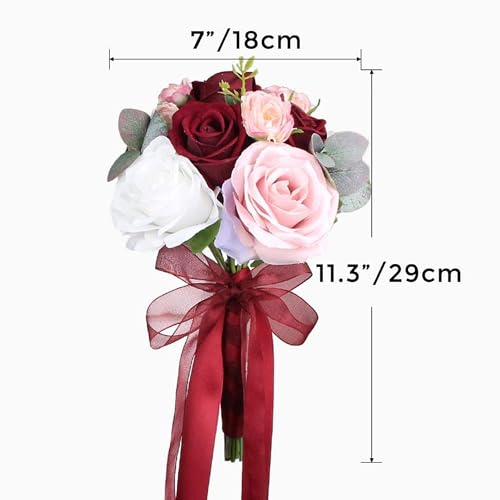 Rinlong 7" Wedding Bouquet, Burgundy Silk Bridesmaid Bridal Bouquet - color: 19-burgundy Red