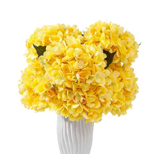 6PCS Realistic Artificial Silk Hydrangea Flowers, Premium Fake Hydrangea Flowers Bouquet with Stems, Full Faux Hydrangea Blooms for Home Wedding Table Party Office Decorations(Yellow) - color: Yellow