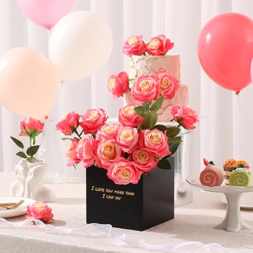 Tifuly Pink Roses Artificial Flowers -12 pcs Realistic Single Long Stem Fake Silk Roses Bouquet for Party Home Wedding Centerpiece Office DIY Decor - color: Gradient Pink