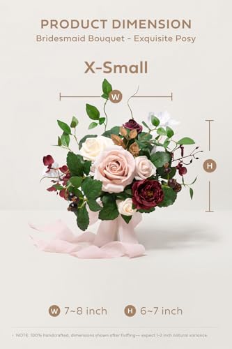 Ling's moment Artificial Bridesmaid Bouquets Set of 6,Burgundy Wedding Flower Bouquets Pink Floral Bouquet Mashala Bridal Bouquets with Ribbon,Ceremony,Anniversary,7-inch Diameter - color: Pk-marsala & Cream