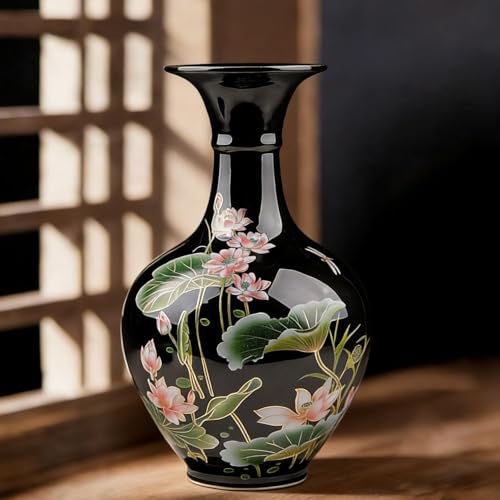 9.45'' China Style Decorative Vase, Classic Ceramic Vases for Art Home Decoration, Chinese Retro Porcelain Ceramic Vase with Base, Jingdezhen Ceramic Oriental Vase - Black - color: Black